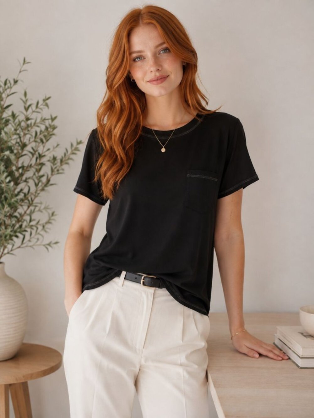 Madewell Black Short Sleeve Blouse Round Neck Women M Minimalist Clean Girl